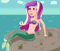 Size: 1654x1388 | Tagged: safe, artist:ocean lover, princess cadance, human, mermaid, g4, ariel, bare shoulders, belly button, bra, breasts, clothes, cloud, disney, disney princess, disney style, female, fins, fish tail, grass, human coloration, humanized, lips, long hair, looking up, mermaid princess, mermaid tail, mermaidized, mermay, midriff, multicolored hair, nudity, ocean, outdoors, partial nudity, pretty, purple eyes, rock, seashell bra, shiny skin, sitting, sky, smiling, solo, species swap, splash, splashing, tail, tail fin, the little mermaid, underwear, water, wave