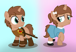 Size: 4320x2973 | Tagged: safe, artist:peternators, oc, oc only, oc:heroic armour, pony, unicorn, g4, boots, bow, bracer, clothes, colt, crossdressing, dress, fake eyelashes, femboy, foal, hair ribbon, looking at each other, looking at someone, male, mary janes, ponytail, ribbon, self paradox, self ponidox, shoes, smiling, socks, sword, transgender, two sides, weapon