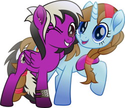 Size: 5519x4795 | Tagged: safe, artist:php178, derpibooru exclusive, oc, oc only, oc:midday shine, oc:sassy lost, pegasus, pony, unicorn, fallout equestria, g4, rainbow roadtrip, .svg available, :d, alternate universe, best friends, blue, blue eyes, book, bracelet, braid, brown mane, brown tail, choker, cute, duo, duo female, ear piercing, earring, fallout equestria oc, female, folded wings, gift art, grin, hair over one eye, hair tie, hairband, happy, hoof around neck, horn, hug, jewelry, looking at you, loose hair, mare, movie accurate, ocbetes, one eye closed, open mouth, open smile, pegasus oc, piercing, purple, raised hoof, red eye, side hug, simple background, skull, smiling, smiling at you, standing, sun, svg, tail, tail wrap, transparent background, two toned mane, two toned tail, unicorn oc, vector, wings, wink, winking at you, wrist cuffs
