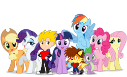 Size: 4388x2668 | Tagged: safe, artist:lachlandingoofficial, applejack, fluttershy, pinkie pie, rainbow dash, rarity, spike, twilight sparkle, oc, oc:andrew the human, oc:lachlan dingo, alicorn, dingo, dog, dragon, earth pony, human, pegasus, pony, unicorn, g4, furry, furry oc, group shot, mane six, simple background, transparent background, twilight sparkle (alicorn), vector, wholesome