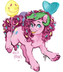 Size: 1156x1329 | Tagged: safe, artist:moshpaws, gummy, pinkie pie, alligator, earth pony, pony, g4, balloon, cloven hooves, confetti, female, happy, male, mare, simple background, smiley face, smiling, tongue out, unshorn fetlocks, white background