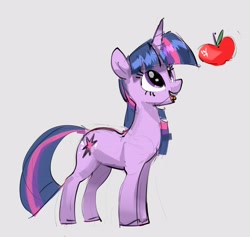 Size: 3543x3365 | Tagged: safe, artist:alumx, twilight sparkle, pony, unicorn, g4, apple, female, food, gray background, high res, looking at something, looking up, mare, open mouth, open smile, simple background, smiling, solo, unicorn twilight