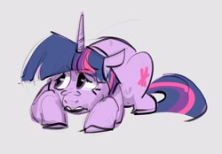 Size: 2942x2043 | Tagged: safe, artist:alumx, twilight sparkle, pony, unicorn, g4, female, frown, gray background, high res, looking up, lying down, mare, prone, simple background, solo, unicorn twilight
