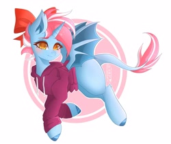 Size: 3655x3068 | Tagged: safe, artist:bizarre_pony, oc, oc only, oc:sora kite, dracony, dragon, hybrid, pony, unicorn, bow, clothes, dragoness, female, high res, simple background, solo, white background