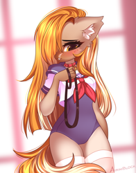 Size: 846x1080 | Tagged: safe, alternate version, artist:airiniblock, oc, oc only, oc:amber, anthro, rcf community, anthro oc, bell, bell collar, blushing, clothes, collar, leash, socks, solo, swimsuit