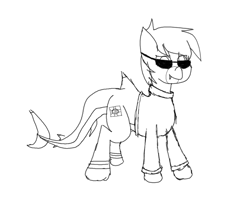 Size: 888x744 | Tagged: safe, artist:fruityhorssse, oc, oc only, oc:compius, original species, shark, shark pony, clothes, monochrome, simple background, sketch, solo, sunglasses, white background