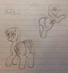 Size: 604x652 | Tagged: safe, artist:fruityhorssse, derpy hooves, bat pony, pegasus, pony, g4, bubble butt, butt, butts, lined paper, monochrome, plot, sketch, solo, traditional art