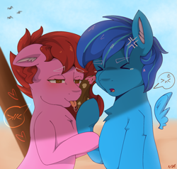 Size: 1585x1509 | Tagged: safe, artist:nanazdina, oc, oc only, oc:darie, oc:lunatia elsa, earth pony, pegasus, pony, banana, beach, couple, duo, food, ibispaint x, licking, oc x oc, shipping, tongue out