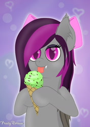 Size: 985x1393 | Tagged: safe, artist:fruityhorssse, oc, oc:obsidia, bat, bat pony, commission, eating, food, ice cream, ice cream cone, licking, mint chocolate ice cream, mint ice cream, solo, tongue out