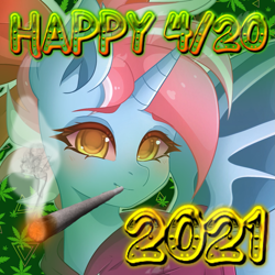 Size: 1363x1363 | Tagged: safe, artist:bizarre_pony, artist:fruityhorssse, oc, oc:sora kite, dracony, dragon, hybrid, pony, unicorn, 2021, 420, 420 blaze it, clothes, dragoness, drugs, drugs are bad mmmkay?, female, joint, marijuana, smoking, solo