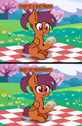 Size: 3400x5206 | Tagged: safe, artist:veeayydee, oc, oc only, oc:vee, frog, pegasus, pony, 2 panel comic, comic, folded wings, holding, it is wednesday my dudes, open mouth, picnic, picnic blanket, sitting, solo, wednesday, wings