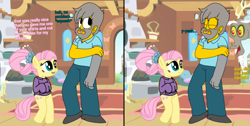 Size: 954x480 | Tagged: safe, artist:haileykitty69, discord, fluttershy, draconequus, human, pegasus, g4, the last problem, beard, clothes, crossover, crossover shipping, dialogue, discoshymour, facial hair, female, fluttermour, fluttershy's cottage, future, hairpin, male, older, older fluttershy, seymour skinner, shipping, straight, sweater, the simpsons