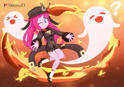 Size: 2632x1868 | Tagged: safe, artist:tabrony23, pinkie pie, ghost, human, undead, equestria girls, g4, beautiful, breasts, clothes, cosplay, costume, crossover, cute, female, genshin impact, hat, hu tao (genshin impact), looking at you, one eye closed, patreon, patreon logo, shoes, show accurate, smiling, smiling at you, tongue out, video game crossover, wink, winking at you