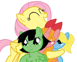 Size: 2737x2191 | Tagged: safe, artist:otfor2, artist:youki506, fluttershy, alicorn, pegasus, pony, g4, blossom (powerpuff girls), bubbles (powerpuff girls), buttercup (powerpuff girls), crossover, cute, eyes closed, female, filly, foal, high res, hug, mare, not filly anon, ponified, shyabetes, simple background, the powerpuff girls, transparent background, vector