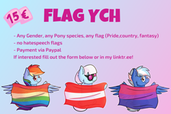 Size: 3000x2000 | Tagged: safe, artist:exobass, photo finish, rainbow dash, oc, oc:exobass, pony, g4, advertisement, austria, austrian flag, bisexual pride flag, commission, flag, gay pride flag, glasses, high res, looking at you, ponified, pride, pride flag, rainbow flag, spread wings, wings, ych example, your character here