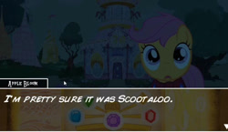 Size: 1174x681 | Tagged: safe, scootaloo, pegasus, pony, my little investigations, g4, 2010, cape, carousel boutique, clothes, cmc cape, dialogue, female, filly, foal, implied apple bloom, mare, night, shocked, text, tree, youtube link