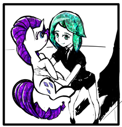 Size: 2277x2372 | Tagged: safe, artist:solid shrimp, rarity, crystal pony, human, pony, unicorn, g4, anime, crossover, duo, female, gem, gemstones, high res, holding a pony, land of the lustrous, phos