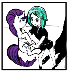 Size: 2277x2372 | Tagged: safe, alternate version, artist:solid shrimp, rarity, human, pony, unicorn, g4, crossover, gem, high angle, high res, holding a pony, houseki no kuni, land of the lustrous, phos