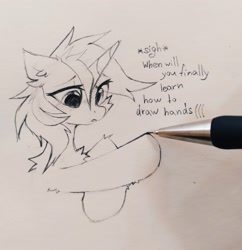 Size: 3000x3102 | Tagged: safe, artist:mirtash, lyra heartstrings, pony, unicorn, g4, cheek fluff, chest fluff, dialogue, disappointed, drawing, ear fluff, floppy ears, fluffy, hand, high res, irl, leg fluff, onomatopoeia, paper, pencil, pencil drawing, photo, shoulder fluff, sigh, solo, that pony sure does love hands, traditional art