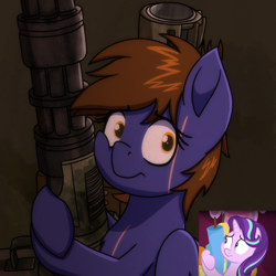 Size: 2000x2000 | Tagged: safe, artist:memeancholy, edit, screencap, starlight glimmer, oc, oc:dauntless, pegasus, pony, fallout equestria, g4, cheek squish, gun, high res, holding, missile launcher, pegasus oc, scar, short hair, shoulder-mounted machine gun, squishy cheeks, weapon