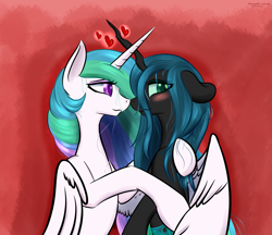 Size: 2225x1925 | Tagged: safe, artist:renarde-louve, princess celestia, queen chrysalis, alicorn, changeling, changeling queen, pony, g4, blushing, duo, duo female, eye clipping through hair, eyebrows, eyebrows visible through hair, female, heart, high res, hug, lesbian, mare, ship:chryslestia, shipping, smiling, winghug, wings