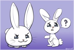Size: 2349x1578 | Tagged: safe, artist:heretichesh, angel bunny, rabbit, g4, g5, animal, confused, duo, gradient background, male, pointing, question mark, speech bubble