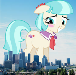 Size: 2048x2017 | Tagged: safe, artist:dashiesparkle, artist:thegiantponyfan, coco pommel, earth pony, pony, g4, blushing, california, cocobetes, cute, female, floppy ears, giant pony, giant/macro earth pony, giantess, high res, highrise ponies, irl, los angeles, macro, mare, mega giant, photo, ponies in real life, smiling