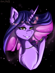Size: 1810x2413 | Tagged: safe, artist:yuris, oc, oc only, pony, unicorn, abstract background, chest fluff, ear fluff, eyebrows, eyelashes, female, folded wings, frog (hoof), grin, heart eyes, horn, jewelry, mare, necklace, smiling, solo, underhoof, unicorn oc, wingding eyes, wings