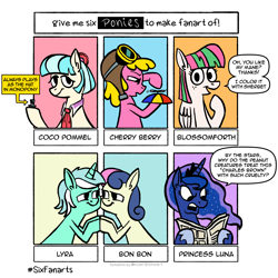 Size: 2048x2048 | Tagged: safe, artist:horsewizardart, blossomforth, bon bon, cherry berry, coco pommel, lyra heartstrings, princess luna, sweetie drops, alicorn, earth pony, pegasus, pony, unicorn, g4, aviator hat, dialogue, female, freckles, goggles, hat, high res, hoof hold, hooves together, lesbian, mare, peanuts (comic), propeller hat, ship:lyrabon, shipping, six fanarts, smiling, speech bubble, text box, top hat
