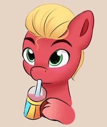 Size: 1536x1823 | Tagged: safe, artist:pipp_petal, sprout cloverleaf, earth pony, pony, g5, blushing, brown background, cute, drink, drinking, drinking straw, male, simple background, smoothie, solo, sproutbetes, stallion, unshorn fetlocks