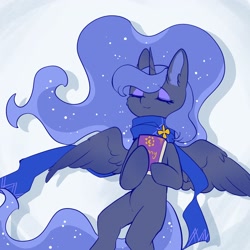 Size: 2048x2048 | Tagged: safe, artist:qamar, princess luna, alicorn, pony, g4, abstract background, book, clothes, cute, ethereal mane, eyeshadow, female, high res, lunabetes, makeup, mare, scarf, simple background, sleeping, solo, spread wings, white background, wings