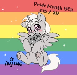 Size: 905x880 | Tagged: safe, artist:avui, alicorn, earth pony, pegasus, pony, unicorn, commission, pride, pride flag, pride month, pride ponies, ych example, your character here