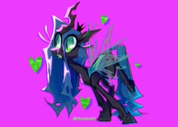 Size: 3453x2468 | Tagged: safe, artist:nekosnicker, queen chrysalis, changeling, changeling queen, g4, colored sketch, cute, cutealis, error, fangs, female, flapping, flapping wings, glitch, heart, high res, leaning forward, long eyelashes, magenta background, simple background, tongue out, wings