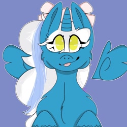 Size: 1280x1280 | Tagged: safe, artist:thatopossumgay, oc, oc only, oc:fleurbelle, alicorn, pony, :p, adorabelle, alicorn oc, bow, cute, female, hair bow, horn, mare, ocbetes, solo, tongue out, wings, yellow eyes