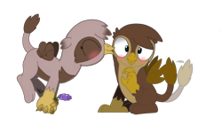 Size: 2046x1151 | Tagged: safe, artist:beesmeliss, oc, oc only, oc:garveren, oc:gianna, griffon, chickub, flower, kissing, simple background, transparent background