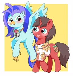 Size: 1964x2048 | Tagged: safe, artist:leo19969525, oc, oc only, oc:ironyoshi, oc:sea lilly, classical hippogriff, hippogriff, pony, unicorn, blushing, camera, clothes, commission, cute, flying, jewelry, looking at each other, looking at someone, necklace, ocbetes, shirt, simple background