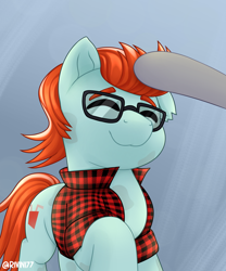 Size: 2000x2400 | Tagged: safe, artist:rivin177, oc, oc:kloggman, earth pony, pony, clothes, commission, glasses, high res, hooves, patting, raised hoof, shirt, solo, your character here