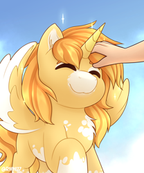 Size: 2000x2400 | Tagged: safe, artist:rivin177, oc, alicorn, pony, cloud, commission, eyes closed, hand, high res, patting, raised hoof, sky, solo, spread wings, wings, your character here