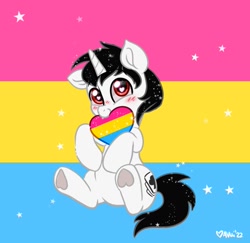 Size: 905x880 | Tagged: safe, artist:avui, oc, oc:magical seven, pony, unicorn, blushing, commission, mouth hold, pansexual pride flag, pride, pride flag, sitting, solo, ych result