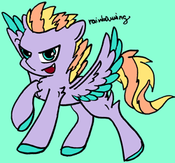 Size: 1860x1742 | Tagged: safe, artist:rainbowwing, oc, oc only, oc:tropico cyclo, pegasus, pony, blue background, chest fluff, colored hooves, cyan background, looking at you, male, open mouth, raised hoof, signature, simple background, smiling, smirk, solo, spread wings, wings