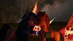 Size: 3840x2160 | Tagged: safe, artist:littleiceage, izzy moonbow, sunny starscout, earth pony, pony, unicorn, g5, my little pony: a maretime bay adventure, 3d, bedroom eyes, blender, female, high res, kissing, lesbian, mare, ship:moonscout, shipping, smiling