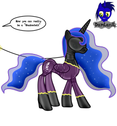 Size: 3840x4154 | Tagged: safe, alternate version, artist:damlanil, princess luna, alicorn, pony, g4, bdsm, blindfold, bodysuit, bondage, bondage mask, boots, bound wings, catsuit, clothes, collar, comic, commission, corset, costume, ethereal mane, female, gag, galaxy mane, gimp suit, high heels, hood, horn, horn ring, implied princess celestia, latex, latex boots, latex suit, leash, mare, muzzle gag, ring, rubber, shadowbolts, shadowbolts costume, shiny, shiny mane, shoes, show accurate, simple background, solo, speech bubble, suit, text, transparent background, vector, wings