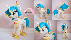 Size: 2187x1231 | Tagged: safe, artist:dixierarity, oc, oc only, oc:silhouette, alicorn, pony, alicorn oc, commission, crown, horn, irl, jewelry, multiple views, photo, plushie, prince, regalia, solo, wings