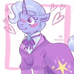 Size: 2048x2033 | Tagged: safe, artist:dmitrymemovznok, trixie, pony, unicorn, g4, blushing, clothes, counselor trixie, cute, diatrixes, female, heart, high res, mare, older, older trixie, shirt, solo, suit
