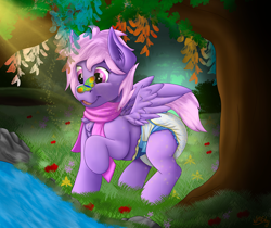 Size: 1280x1075 | Tagged: safe, artist:wittleskaj, oc, oc only, oc:sigma, butterfly, pegasus, pony, chest fluff, clothes, diaper, female, filly, foal, forest, grass, leaves, non-baby in diaper, pegasus oc, scarf, solo, tree