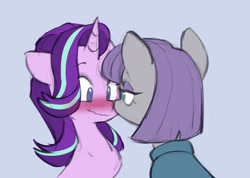 Size: 2207x1575 | Tagged: safe, artist:chub-wub, maud pie, starlight glimmer, earth pony, pony, unicorn, g4, blue background, blushing, boop, clothes, dress, duo, duo female, eyeshadow, female, lesbian, looking at each other, looking at someone, makeup, noseboop, shipping, simple background, starmaud