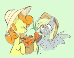 Size: 3427x2697 | Tagged: safe, artist:chub-wub, carrot top, derpy hooves, golden harvest, earth pony, pegasus, pony, g4, basket, carrot, cute, derpabetes, dirt, duo, eyes closed, farming, female, food, green background, hat, herbivore, high res, lesbian, mare, mud, open mouth, ship:derpytop, shipping, simple background, sun hat