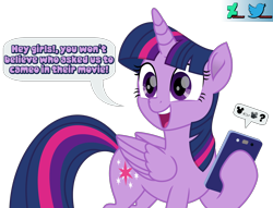 Size: 2000x1529 | Tagged: safe, artist:kuren247, twilight sparkle, alicorn, pony, g4, my little pony: the movie, cellphone, chip and dale rescue rangers, cute, deviantart watermark, emoji, excited, female, g5 collapse of disney, hand, meta, mickey mouse, mouse ears, movie accurate, obtrusive watermark, phone, projector, question mark, simple background, smartphone, solo, speech bubble, transparent background, twiabetes, twilight sparkle (alicorn), twitter, vector, walt disney, watermark
