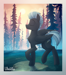 Size: 3500x4000 | Tagged: safe, artist:uliovka, thunderlane, pegasus, pony, g4, chest fluff, eyes closed, forest, high res, male, raised hoof, scenery, signature, smiling, solo, stallion, strut, tree, wings