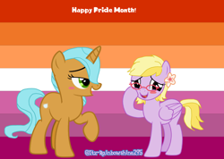 Size: 3792x2704 | Tagged: safe, oc, oc:creamy pants, oc:rainbowshine, pegasus, pony, unicorn, blush sticker, blushing, female, high res, lesbian, lesbian pride flag, pride, pride flag, pride month